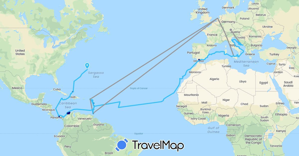 TravelMap itinerary: driving, bus, plane, hiking, boat, electric vehicle in Antigua and Barbuda, Switzerland, Colombia, Cape Verde, Germany, Dominica, Spain, France, United Kingdom, Grenada, Croatia, Italy, Jamaica, Saint Lucia, Netherlands, Panama, Turks and Caicos Islands, Trinidad and Tobago, Saint Vincent and the Grenadines (Africa, Europe, North America, South America)