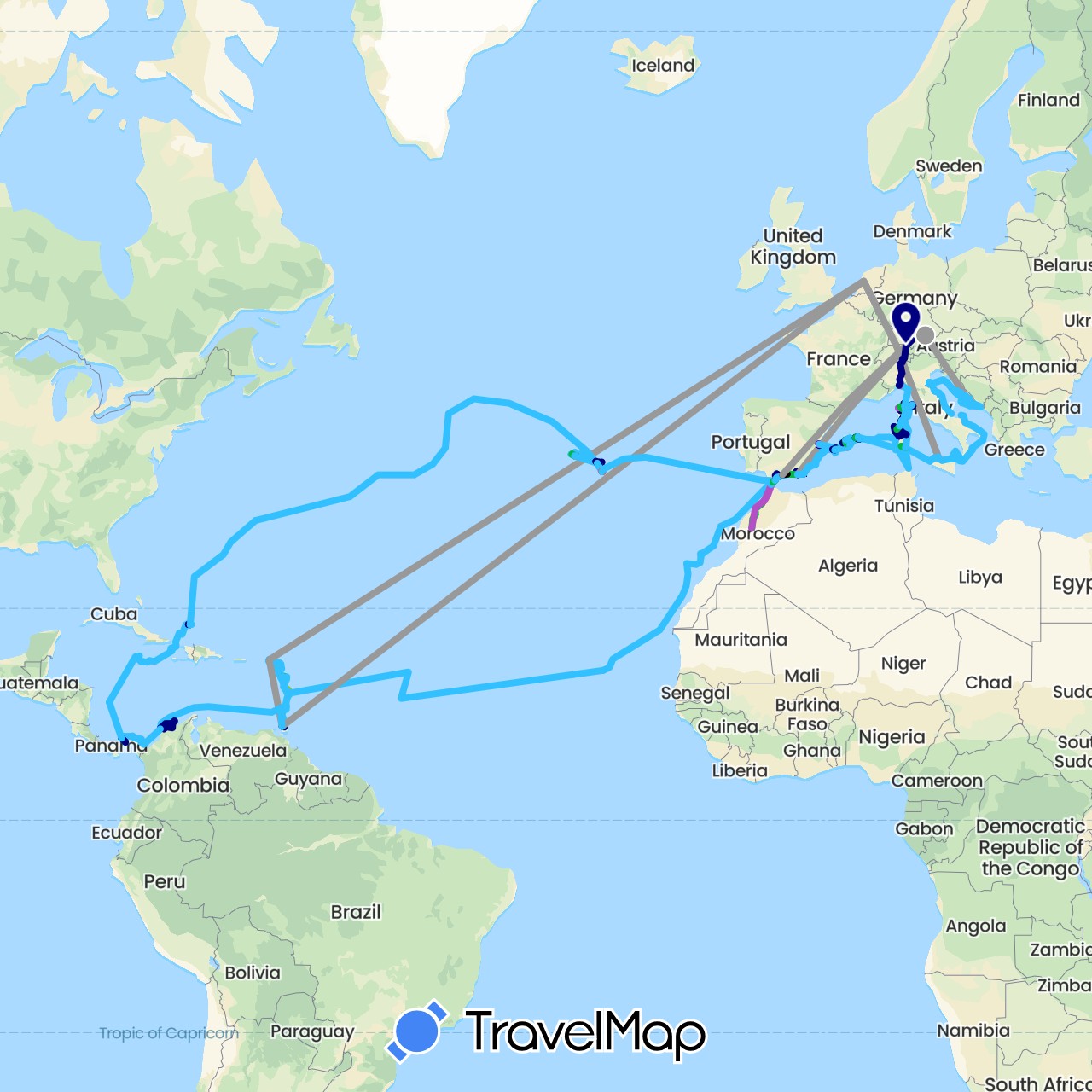 TravelMap itinerary: driving, bus, plane, train, hiking, boat, electric vehicle, taxi, uber und fussweg, bus und wandern in Antigua and Barbuda, Bermuda, Switzerland, Colombia, Cape Verde, Germany, Dominica, Spain, France, United Kingdom, Grenada, Croatia, Italy, Jamaica, Saint Lucia, Morocco, Netherlands, Panama, Portugal, Turks and Caicos Islands, Tunisia, Trinidad and Tobago, Saint Vincent and the Grenadines (Africa, Europe, North America, South America)